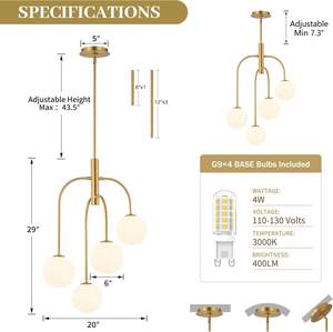 באמצע המאה המודרנית חדר אוכל תליון תאורה זהב נברשת כדור מתכת עם זכוכית חלב גלובוס e12 בסיס מנורת ברזל - Product Image 6