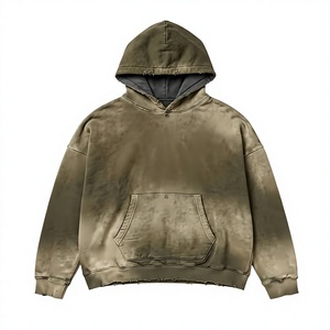 Sudadera con Capucha para Hombre, Color Verde Oliva, Estilo Desgastado, de Algodón y Felpa, con Bolsillo Canguro, Estilo Urbano - Product Image 1