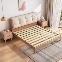Lit plateforme en bois massif de style japonais moderne, taille Queen, avec tête de lit rembourrée douce en finition blanc crème ciré