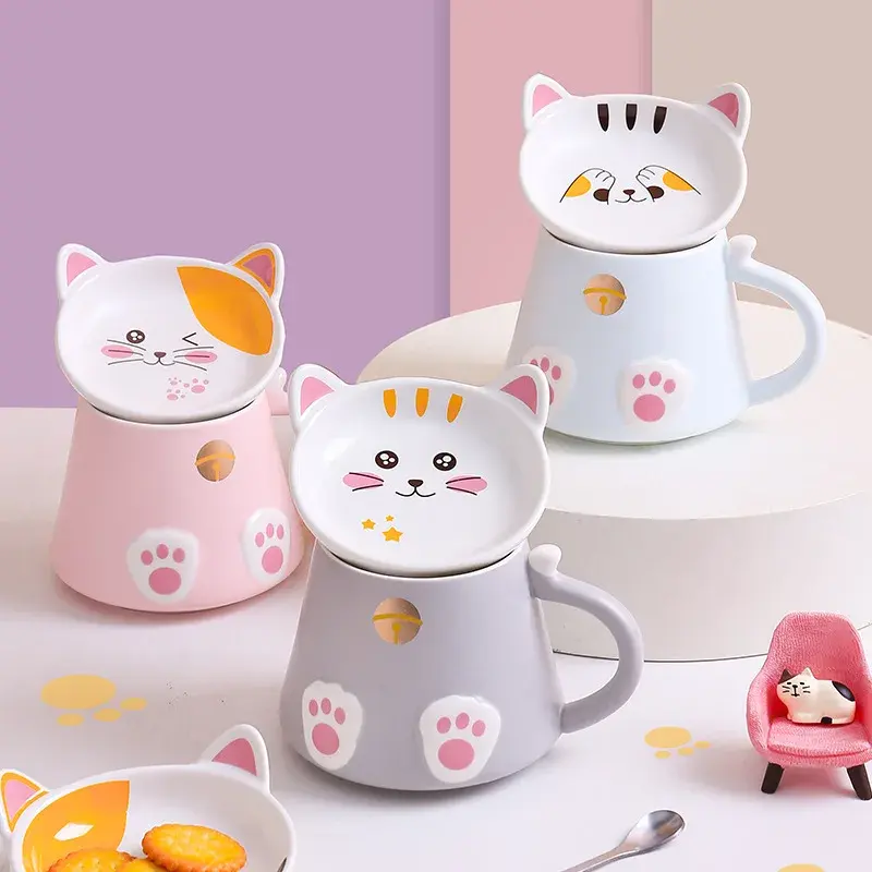 Lindo 400ml gato de dibujos animados Taza de cerámica personalizada desayuno café leche taza con tapa con cuchara