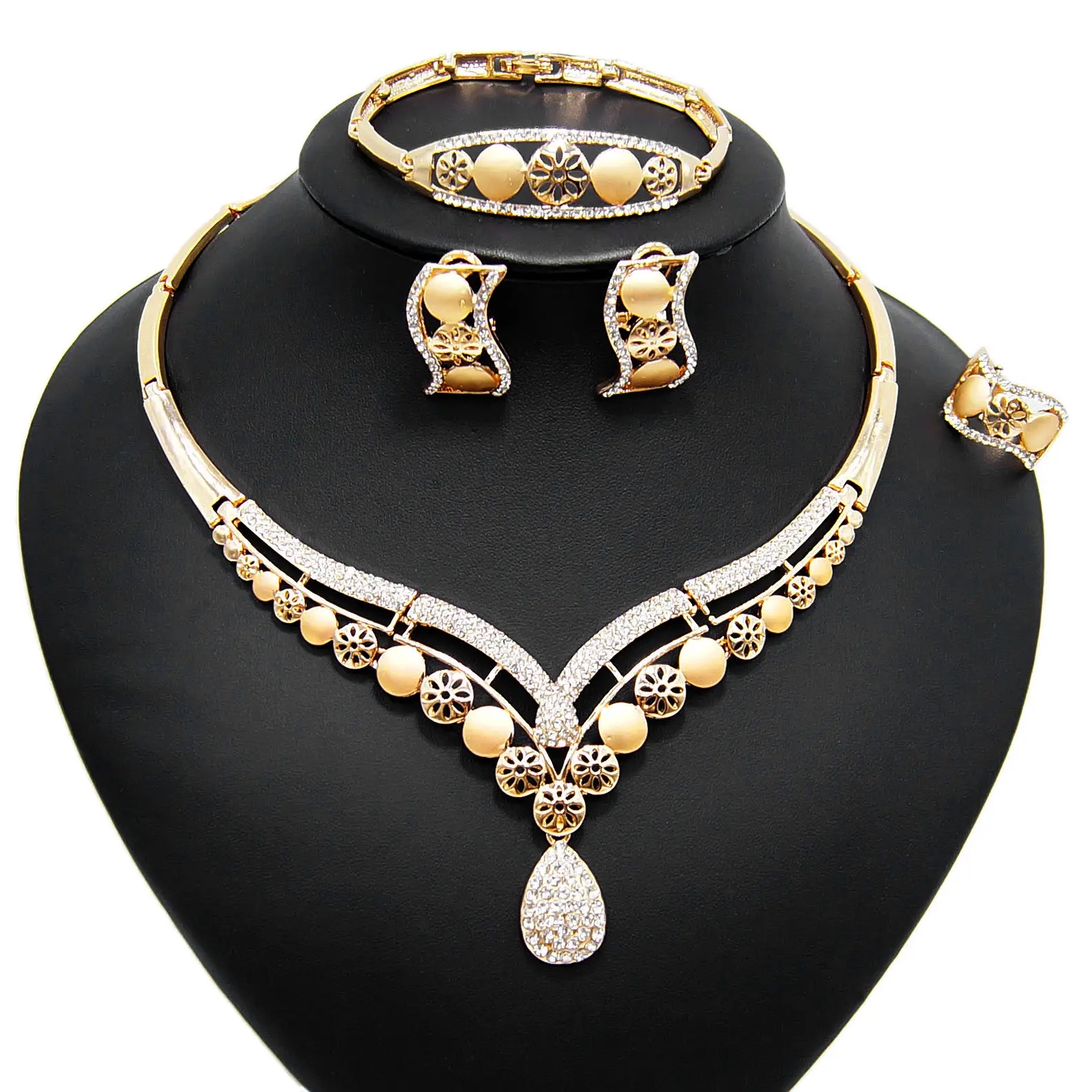 `High Quality Diamond Drop Pendant Necklace Jewelry Set Indian Designer 18K Gold Plated Crystal Jewelry Sets For Women Wedding