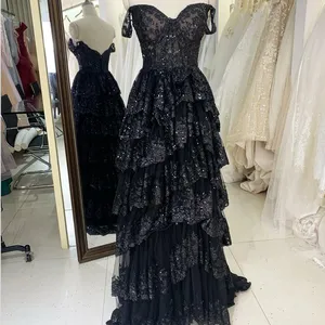 Factory wholesale Black off shoulder ruffle dresses dress arabic luxury prom evening mermaid gown prom dress 2023 royal
