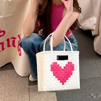 Tas Tote Persegi Panjang Anyaman Plastik Warna-warni Gaya Dopamin Lucu dengan Hiasan Bunga, Cocok untuk Hadiah Pernikahan Anak, Pesta, atau Keranjang Piknik