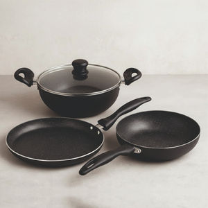 Ensemble de casseroles classiques en métal antiadhésif de qualité supérieure, 3 pièces, avec poêles et kadhai et couvercle en verre pour la cuisine quotidienne - Product Image 3