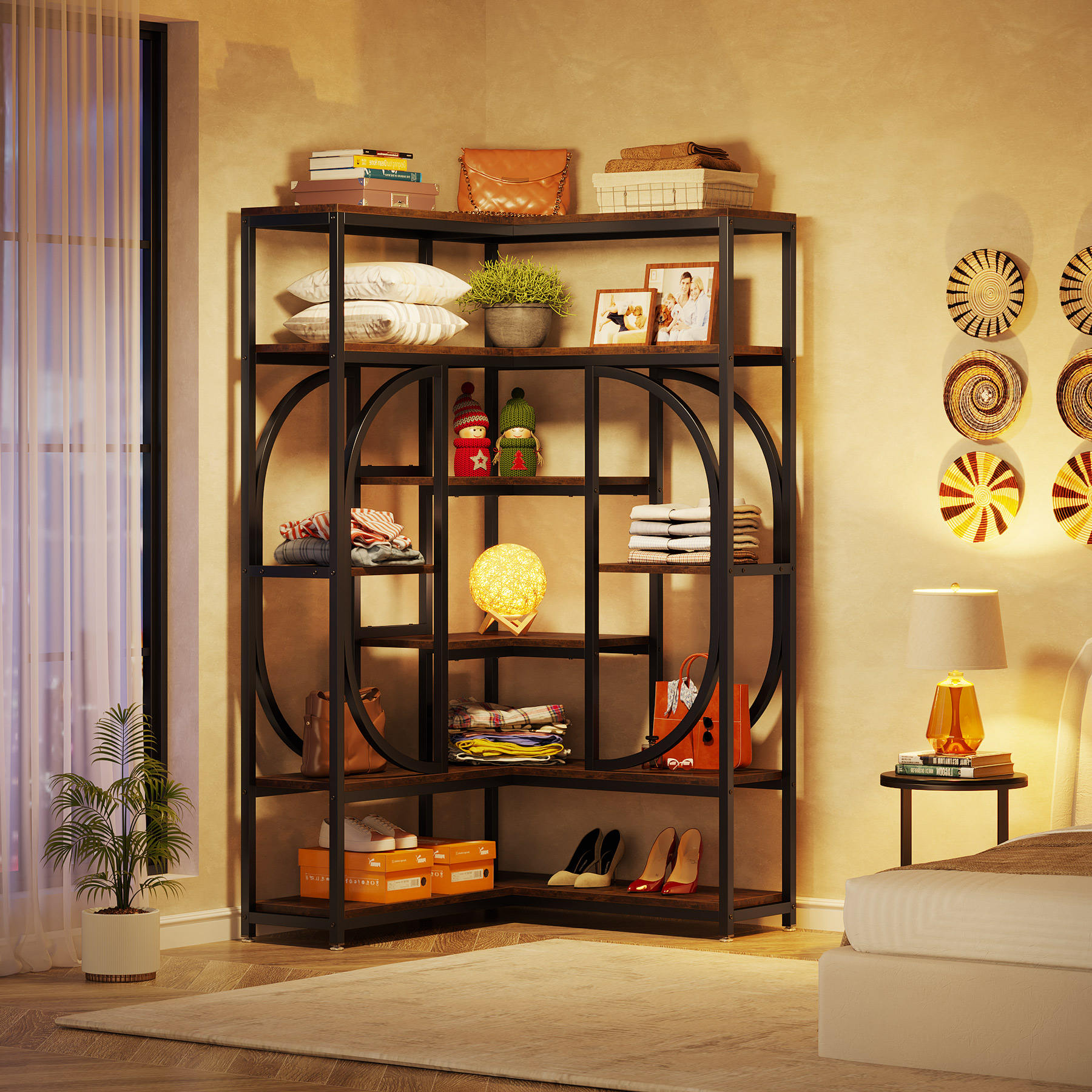 Libreria Angolare Tribesigns A 7 Livelli | Scaffale Industriale In Legno E Metallo, Marrone Rustico - Foto 8