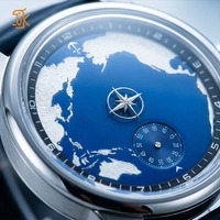 Fabricante de Relojes de Pulsera de Lujo para Hombre, con Logotipo Personalizado OEM ODM, Esfera con Mapa del Mundo en Relieve, Mecánico, Caja de Acero Inoxidable y Correa de Cuero