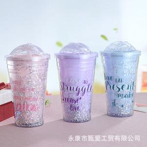 Creative NIS Double Layer Star Plastic Cup With Sliding Lid Glitter Straw Party Drinkware 2 Piece Set - Product Image 3