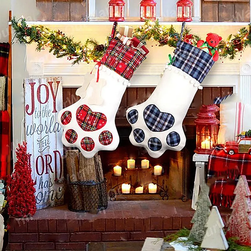 クリスマスの装飾のためのホットセール高特別デザイン犬の足チェック柄クリスマスストッキング