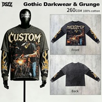 T-shirt unisexe ample vintage style motard à manches longues, avec motif 3D effet superposé crâne et flammes, style gothique grunge streetwear, orné de strass, OEM ODM