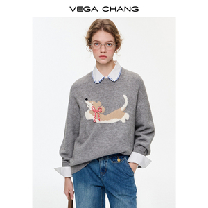VEGA CHANG Nuovo Maglione Invernale da Donna <span class=keywords><strong>con</strong></span> Motivo Jacquard a Cuccioli, Morbido Top Grigio <span class=keywords><strong>con</strong></span> Dettaglio Colletto Bianco per Stile Casual Denim Blu - Product Image 3