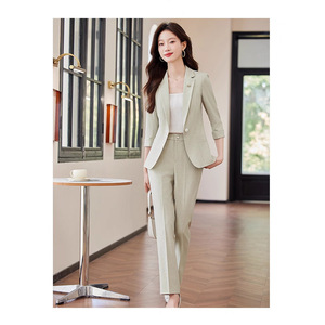 Women's Suit Set Light Gray Three Quarter Sleeve Spring Office Lady Anti-Wrinkle Polyester Worsted Fabric - Product Image 4