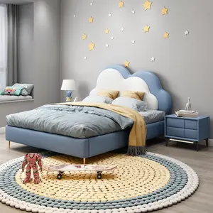 Desain baru furnitur kamar tidur anak perempuan kartun dan laki-laki bingkai tempat tidur tunggal kayu PU berlapis kain tempat tidur anak-anak