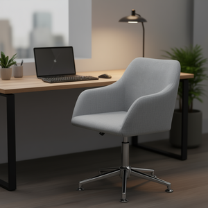 Chaise de bureau pivotante en tissu gris clair avec accoudoirs, base chromée, design contemporain pour mobilier de bureau - Product Image 2