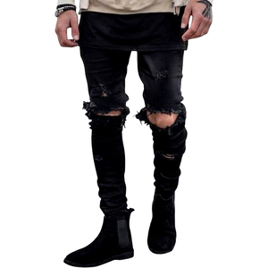 HUNGSON Jeans skinny déchirés et délavés pour homme, coupe ample et extensible, respirant, taille mi-haute, en mélange de coton épais et adouci - Product Image 1