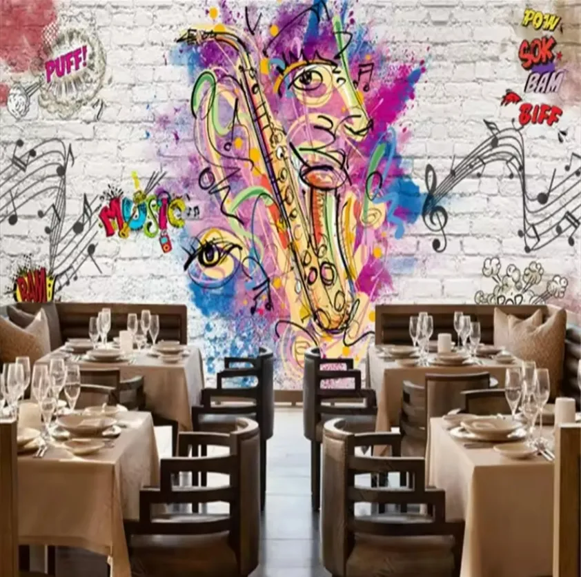 Eropa pasang merek grafiti Mural Hip Hop industri dekorasi Wallpaper Ktv latar belakang kertas dinding Mural