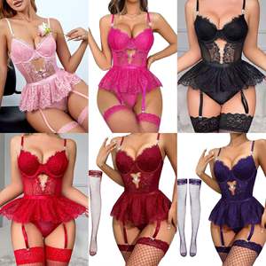 Ensemble de lingerie sexy : <span class=keywords><strong>Bas</strong></span>, porte-jarretelles cœur en strass, soutien-gorge à armatures, dentelle florale en résille transparente, babydoll et body teddy - Product Image 6
