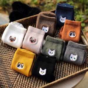 Custom logo Cat Embroidery Tube Solid Crew Cotton Custom logo Girls Women <b>Socks</b> - Product Image 6