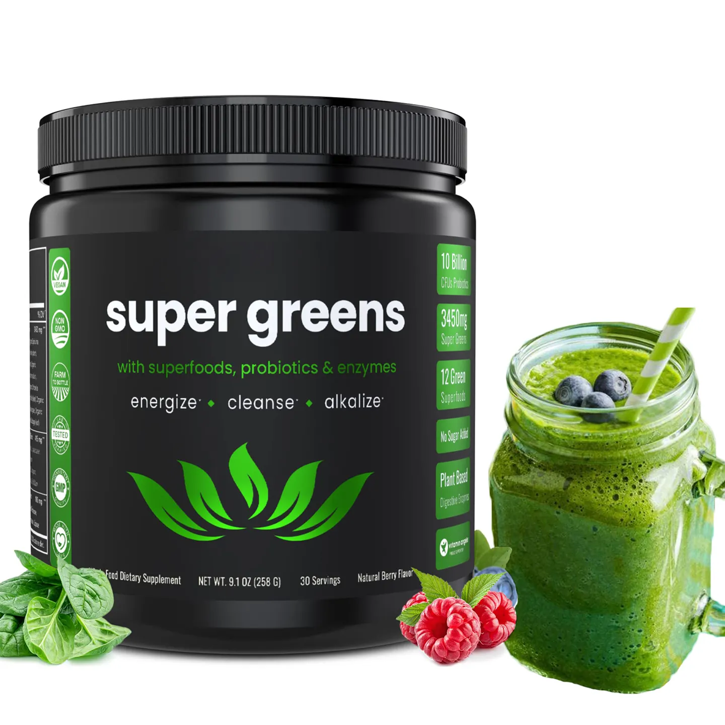 100% Complément Alimentaire Biologique Probiotiques Fibre Enzyme Super Greens Poudre Boisson