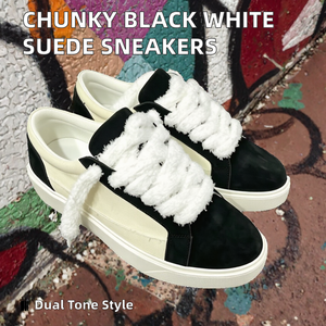 Baskets Chunky Noires et Blanches en Cuir Fendu à Plateforme, Lacets, Bout Rond, Doublure Hiver en Peluche, Semelle Extérieure en Caoutchouc, Semelle Intermédiaire en EVA - Product Image 2