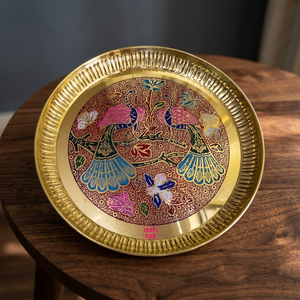 Assiette décorative orientale faite à la main, ronde, en métal, peinte à la main, motif floral d'oiseaux, cadre doré, cadeau artistique - Product Image 6