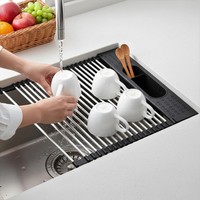Égouttoir à vaisselle enroulable pour évier, support de séchage multifonctionnel pliable en acier inoxydable pour cuisine