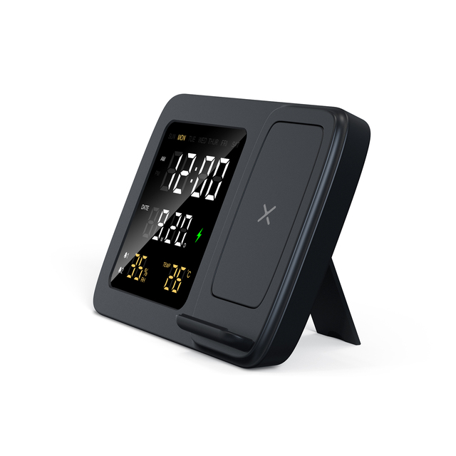 15W Multifunctional Wireless Fast Charger with Phone Stand Integrated Desktop Digital Clork Alarm Wireless Charger