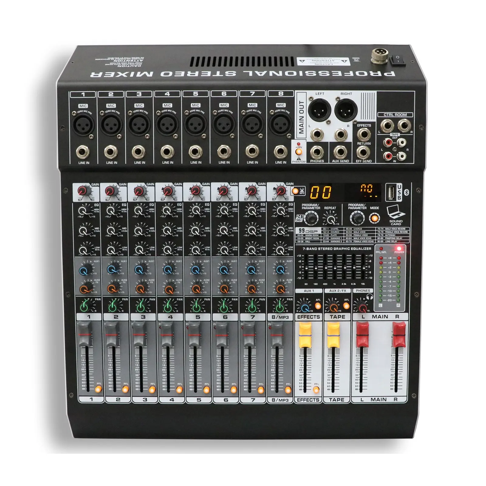 GS-80 팩토리 베스트 셀러 8 채널 7 밴드 균등화 2 AUX 보조 출력 99DSP 오디오 믹서