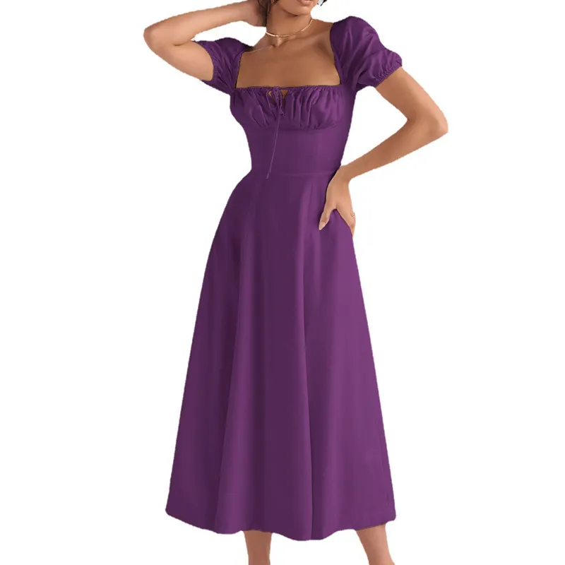 Wholesale Plain Purple Square Neck Puff Sleeve High Waist Women Casual Elegant Long Dresses