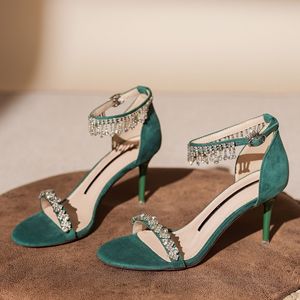 Zapatos de tacón alto con correa en el tobillo y punta abierta, con decoración de cristales, para mujer, tendencia de moda 2308-6 - Product Image 1