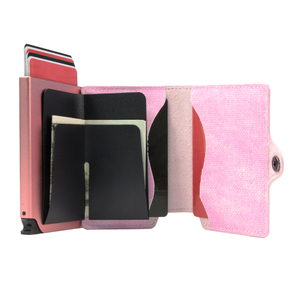 Portefeuille intelligent rose avec blocage RFID, nouveau design 2024, étui pour cartes de crédit en denim et cuir, fin et minimaliste, porte-cartes en aluminium à ouverture automatique - Product Image 4