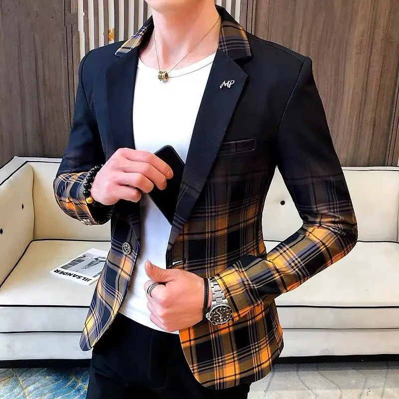 2022 Spring Autumn Men Blazer Fashion Colorblock Plaid Slim Fit Suit Jacket Man Wedding Business Clothing Dress Suit Coats Man