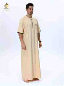 Al Haramain <b>Men's</b> Beige <b>Thobe</b> Round Neck Short Sleeve Floor Length Cotton and so soft - Product Image 1