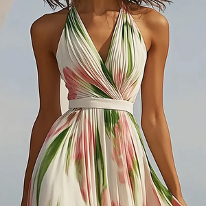 Gonne personalizzate eleganti da donna con scollo a V stampate DTG Maxi <span class=keywords><strong>abito</strong></span> 100% <span class=keywords><strong>plissettato</strong></span> in poliestere da donna - Product Image 4