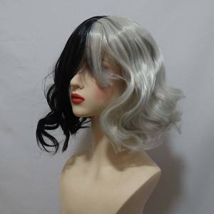 Halloween Cosplay resistente al calor sintético mujeres rizado blanco y negro <span class=keywords><strong>Cruela</strong></span> Devile peluca - Product Image 3
