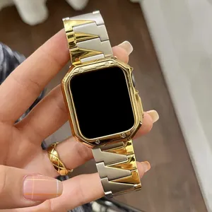 Listensmart 316l caixa de metal dourado em aço inoxidável, pulseira de reposição para relógio, acessório 38 40 42 44mm para Apple iWatch Band 8 7 6