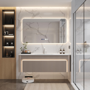 Gabinete de baño gris claro de lujo con espejo inteligente y encimera blanca, mueble suspendido con lavabo. - Product Image 5