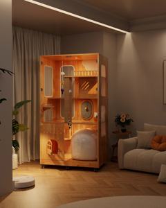 Lüks kauçuk ahşap pano temperli cam evrensel tekerlek Pet ev ekran kabine hareketli kedi evi Villa yetiştiriciliği odası kafes - Product Image 4