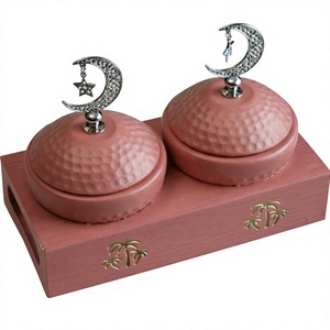 Hammered Work Metal Round Dates Serving Bowls With Moon Star Lid Reddish Pink Color Oriental Design For Ramadan <b>Eid</b> Tabletop Use - Product Image 1