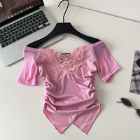 Chemisiers d'été pour femmes à manches courtes, en dentelle, avec patchwork papillon, col en V, coupe ajustée, chemisiers courts élégants pour le bureau
