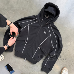 Private Label Double Zipper Heavyweight Cotton Panel Ninja Zip up Reflective Piping Mesh Panel Reflective Stripe <strong>Techwear</strong> <strong>Hoodie</strong> - Product Image 2