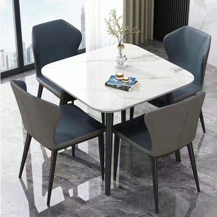 Blue chair, white marble slab table [glossy finish]