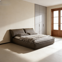 Modernes Kingsize-Bettgestell mit weicher Polsterung aus echtem Leder, langlebiger Kiefernholzkonstruktion, geräuscharmem Betrieb und Antikollisionsdesign.