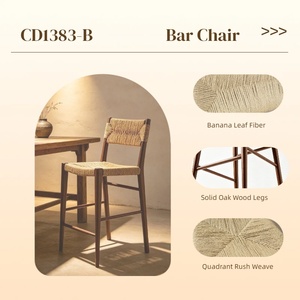 Taburete de Bar de Roble Macizo con Cuerda Tejida a Mano, Silla de Altura Media para Isla de Cocina y Bar, Personalizable, CD1383-B, Estructura de Roble Macizo - Product Image 3