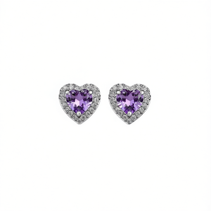 Orecchini a Perno E396 Cuore Viola in Argento 925 con Cristallo di Ametista per Uso Quotidiano Femminile - Product Image 1