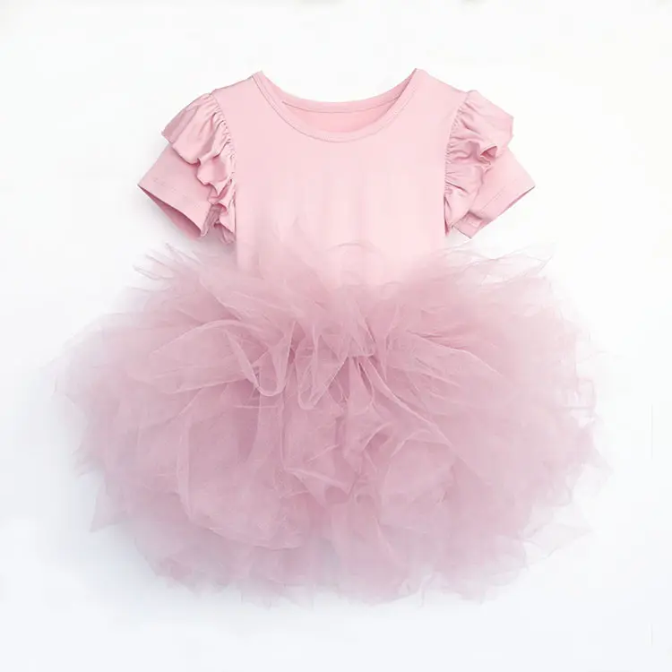 Customizable summer elastic ruffle sleeve party wear children tutu dresses wholesale girl