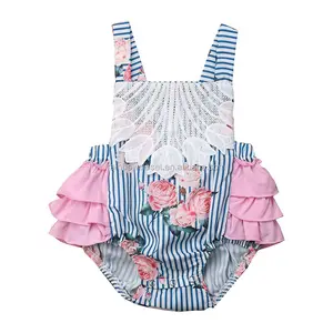 Baby Meisjes Luxe Outfit Goederen Kid 'S Bloemenprint Ruches Overgooi Rompers Peuters Mooie Import Kleding