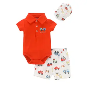 Baby Boys Bodysuits Hat Pants 3 Pcs Set 0-18 Months Infants Peter Pan Collar Short Sleeved Cotton Romper Outfits