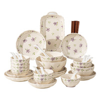 Ensemble de bols et plats en céramique haut de gamme, motif végétal de style japonais, compatible micro-ondes, couleur violet sous glaçure, pour la vaisselle domestique