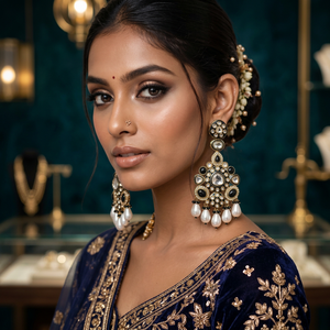 Boucles d'oreilles chandelier traditionnelles plaquées or avec détails ornementaux pour femmes, pour mariage, fête et occasions festives. - Product Image 6
