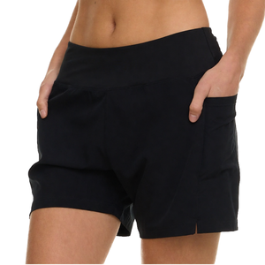 Short de bain de plage taille haute avec élastique et poche, couleur unie, séchage rapide, 100 % polyester, pour la plage - Product Image 1